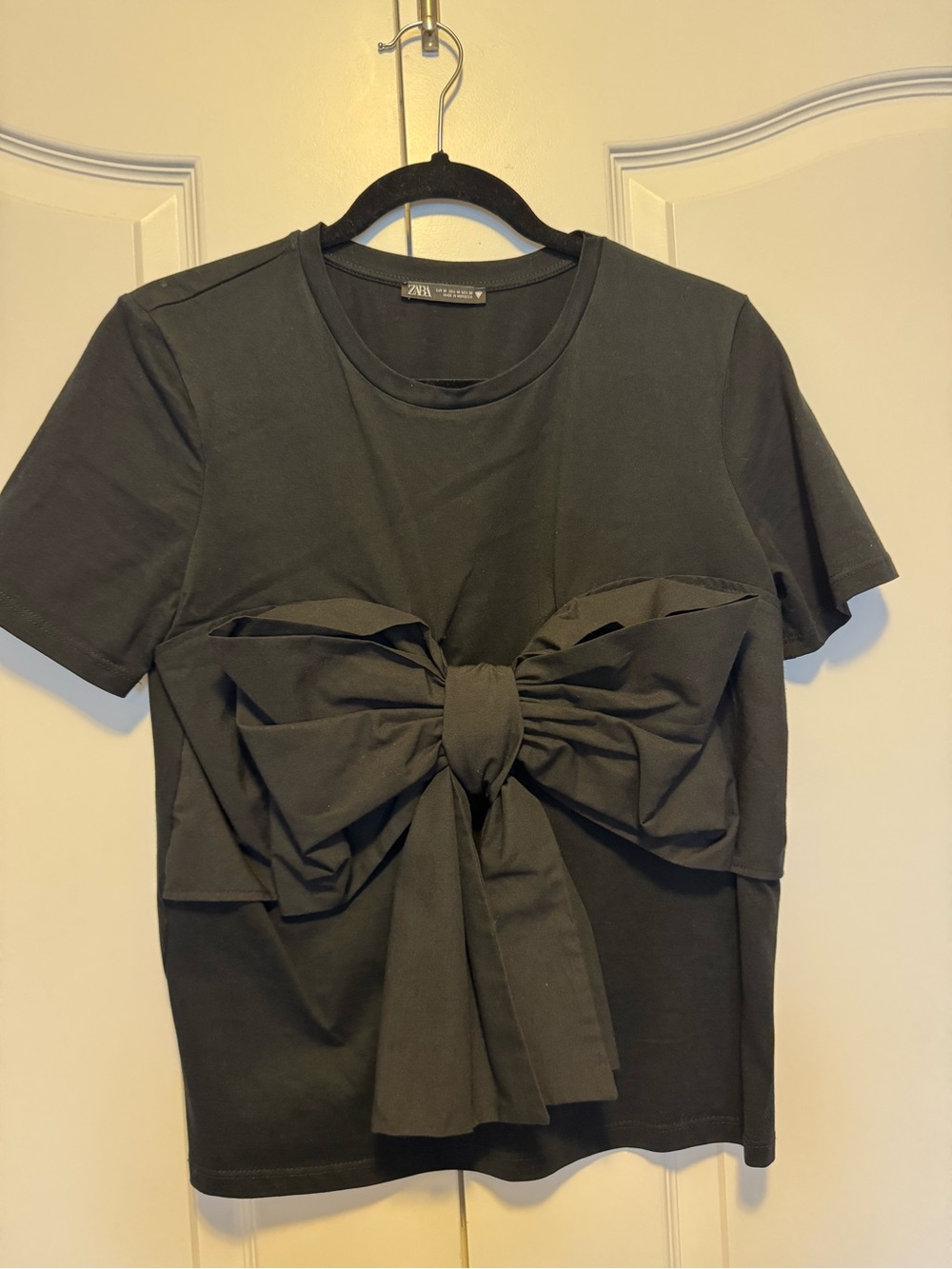 Zara Black Short Sleeve Top with Oversized Front Bow